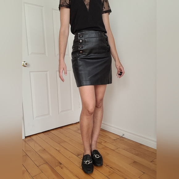 Sandro Black Leather Pencil Skirt with Button Accents - Picture 3 of 7
